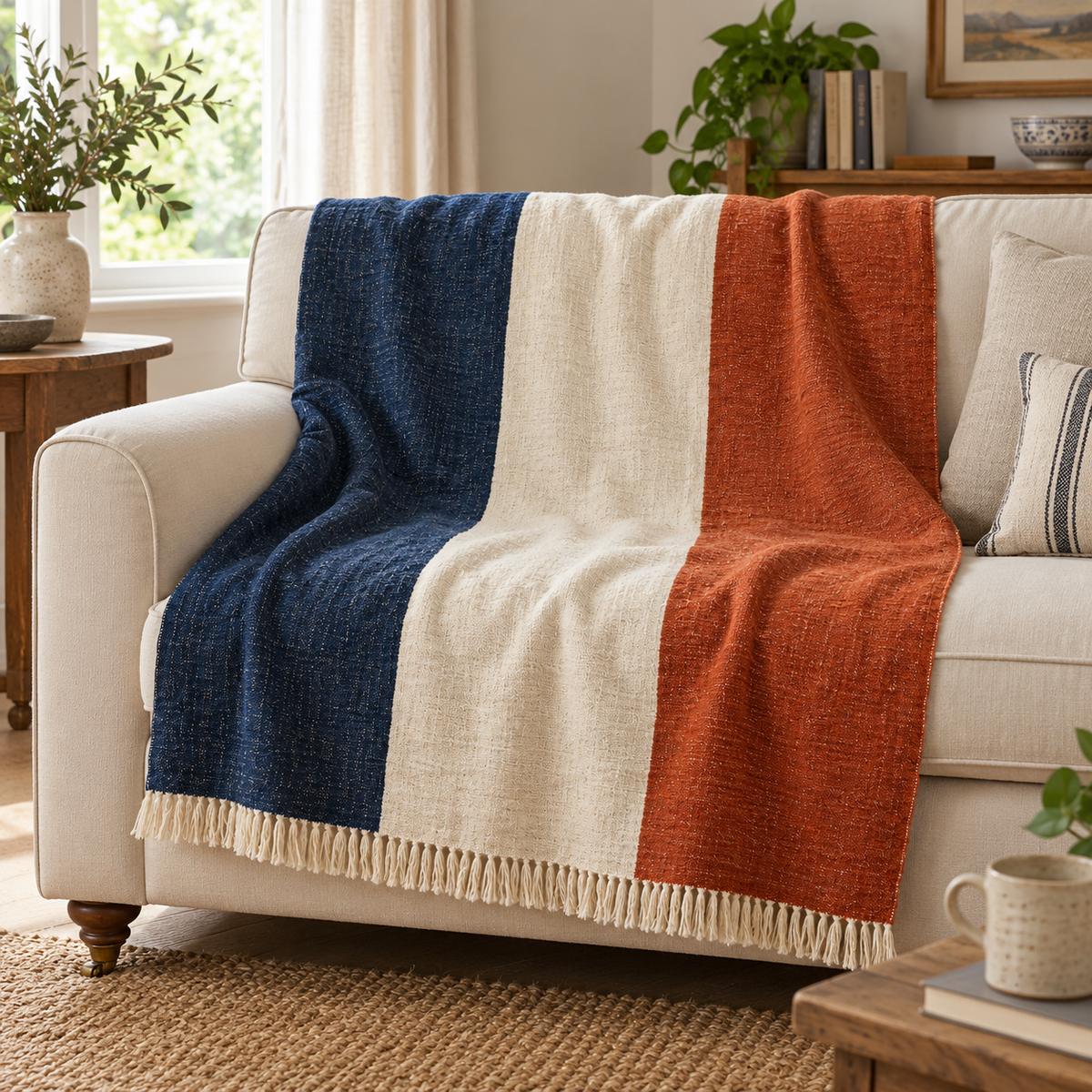 Rust Colourblock Fringed Throw