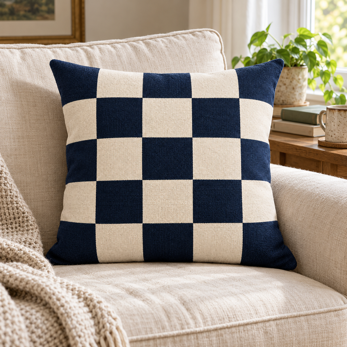 Navy Checkerboard Cushion Cover